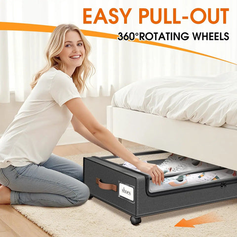 Woman using Under Bed Storage Drawers 2 Pack With Rolling Wheels And Leather Handles, Clear Window And Label, Easy Glide