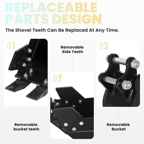 Pro Grade Narrow Trenching Bucket For Compact Mini Excavators That Works With Augers, 13x8x13 Inch Digging Tool showing replaceable parts design