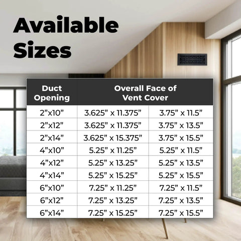 Size chart displayed next to modern interior for Slick Contemporary Artisan Style Vent Cover With Solid Cast Steel Interior And Adjustable Dampers For Easy Airflow Control Matte Black Four By Ten Inch Opening And Overall Face Five And A Quarter By Eleven And A Quarter Inches.