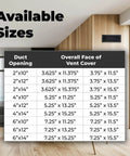Contemporary Solid Cast Aluminum Vent Cover With Adjustable Dampers For Easy Airflow Control, available sizes chart.