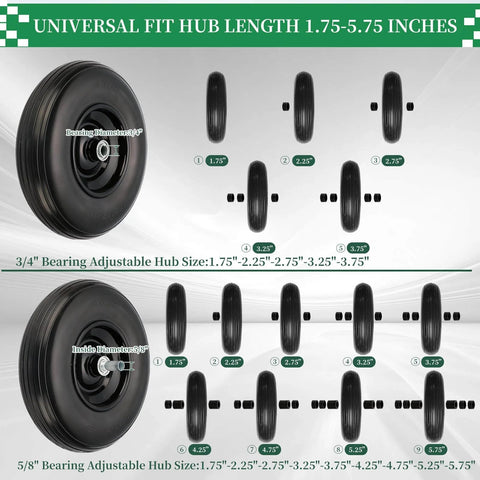 Flat Free 13 Inch Wheelbarrow Tire and Wheel Replacement, 4.00-6 Size, Solid Wheelbarrow Wheel with 1.75 Inch Centered Hub, 3/4 Inch Bearings, Includes 5/8 Inch ID Iron Tube Adapter and Spacers, Not For Highway Use, Garden Cart Trolley with hub sizes 1.75-5.75 inches.