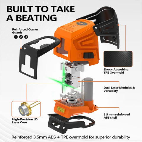 Green Cross Line Laser Level with shock-absorbing TPE overmold and reinforced ABS shell showing durability and high-precision laser core.