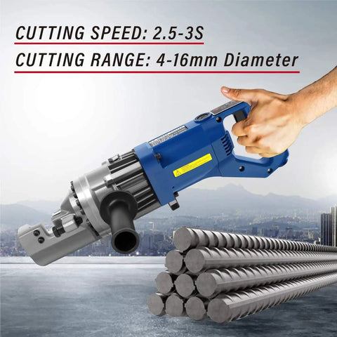 Etsuosy Electric Rebar Cutter With Powerful 900W Motor for cutting rebar, shown cutting 4-16mm steel, portable design.