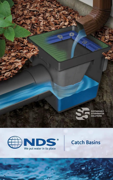 Cross-section of a Square Catch Basin Drain Filter For No Clog Drainage Systems, installed in landscaping with water flow view.