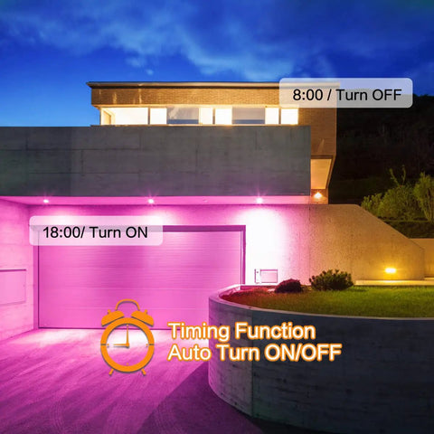 Outdoor LED Flood Lights Lit RGB Color Changing Smart Landscape Lights illuminating a modern house facade with timing function