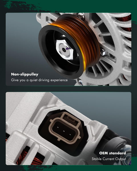 Close-up of Heavy Duty 150 Amp 12V CW Alternator With 6 Groove Pulley Fits Ford Escape 3.0L 2008 Mazda Tribute showing pulley and connector.