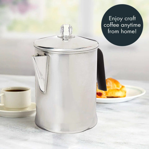Aluminum Stovetop Percolator Coffee Maker Delivers Rich Flavor In Minutes 9 Cup Durable Silver Finish on kitchen table