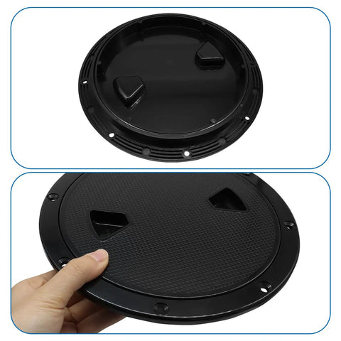 Round Boat Hatch Deck Plate 4 6 8 Inch Non Slip Watertight Inspection Cover Detachable ABS Plastic shown with grip texture.