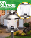 Close-up of Low Voltage Outdoor Path Lights Set For Walkways And Gardens, Modern Luxury Stake Lights, stainless steel design