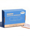 Box and individual strip of Heavy Duty Waterproof Adhesive Bandages Three Quarter By Three Inch Bulk Pack Of One Thousand Plastic PE Strip Bandages With Nonstick Pad Breathable For Small Wounds Must Have First Aid Essential For Home School And Work