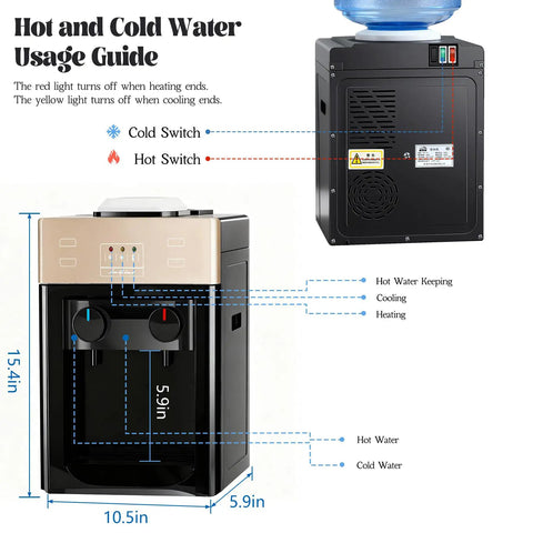 Diagram of Top Loading Countertop Water Dispenser For 1.2 To 5 Gallon Bottles With Hot And Cold Water, highlighting dimensions and features