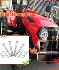 Set Of Four Clevis Pins With R Clips One Quarter Inch Diameter By Two And One Half Inch Length Rust Resistant Coated Heavy Duty Hardware For Farm Home And Automotive Uses Quick Pin Retention Great For Do It Yourself Projects And Quick Garage Fixes displayed with a comparison graphic against a red tractor background.