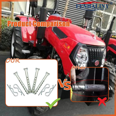 Set Of Four Clevis Pins With R Clips One Quarter Inch Diameter By Two And One Half Inch Length Rust Resistant Coated Heavy Duty Hardware For Farm Home And Automotive Uses Quick Pin Retention Great For Do It Yourself Projects And Quick Garage Fixes displayed with a comparison graphic against a red tractor background.
