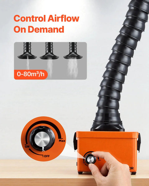 Hand adjusting airflow knob on Solder Fume Extractor With 40W Brushless Motor, Two Stage Filters, Adjustable Airflow, 80 M3/H Suction, Compact Desktop Smoke Absorber For Soldering, DIY Welding And Electronics Projects.