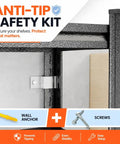 Anti-Tip Safety Kit for Straight Up Heavy Duty 2 Tier Printer Stand with wall anchors and screws for stability.