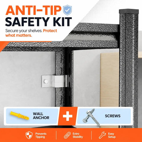 Anti-Tip Safety Kit for Straight Up Heavy Duty 2 Tier Printer Stand with wall anchors and screws for stability.