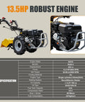 Workhorse Power Rear Tine Tiller Cultivator With 420cc 13.5 HP Gas Engine and specifications chart