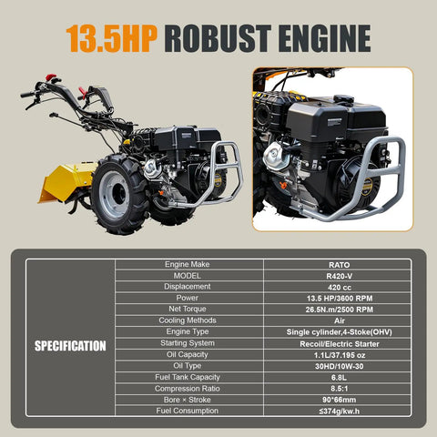 Workhorse Power Rear Tine Tiller Cultivator With 420cc 13.5 HP Gas Engine and specifications chart
