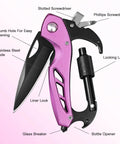 Pink 6-In-1 Multitool Carabiner with knife, bottle opener, glass breaker, screwdrivers, EDC keychain for camping, hiking