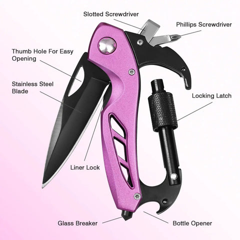 Pink 6-In-1 Multitool Carabiner with knife, bottle opener, glass breaker, screwdrivers, EDC keychain for camping, hiking