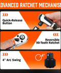 Beast Three Eighths Inch Drive Flex Head Ratchet With Ninety Tooth Gear showing quick release and reversible switch features