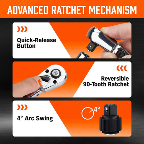 Beast Three Eighths Inch Drive Flex Head Ratchet With Ninety Tooth Gear showing quick release and reversible switch features