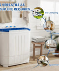 Compact Portable Washing Machine Mini Washer And Spin Dryer Combo 14 Lbs positioned in a cozy apartment setup with laundry materials.