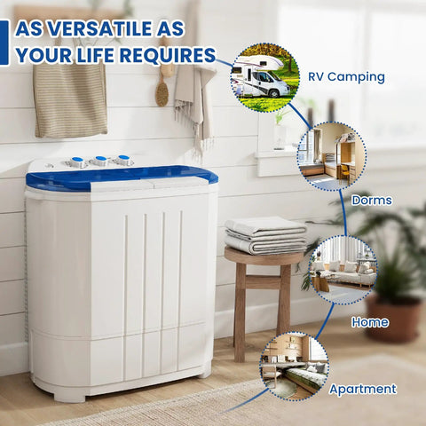 Compact Portable Washing Machine Mini Washer And Spin Dryer Combo 14 Lbs positioned in a cozy apartment setup with laundry materials.