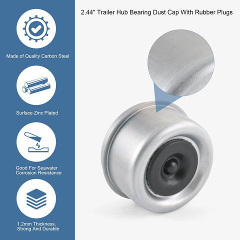 Four Pack 2.46 Inch Trailer Hub Bearing Dust Caps With Extra Rubber Plugs For Most 5200 To 6000 Pound Axles Dexter Axle Cup Grease Covers Heavy Duty Zinc Plated Carbon Steel Durable And Rust Resistant image showing close-up of one cap