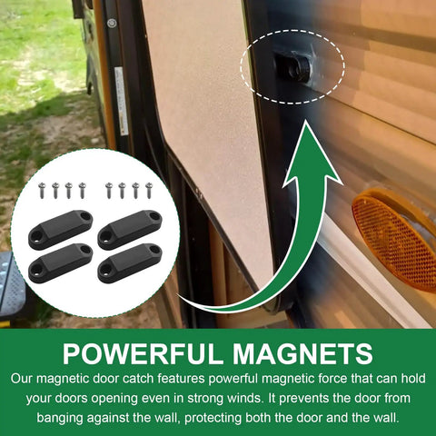 Magnetic Door Holder for RVs Two Pair Black All Weather Door Catch and Magnet Set with screws and installation display