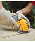 Person using a multi-tool with Triangular Hook Loop Sanding Discs for Wood Carving and Multi-Tool Use with Aluminum Oxide Grits from 40 to 240.