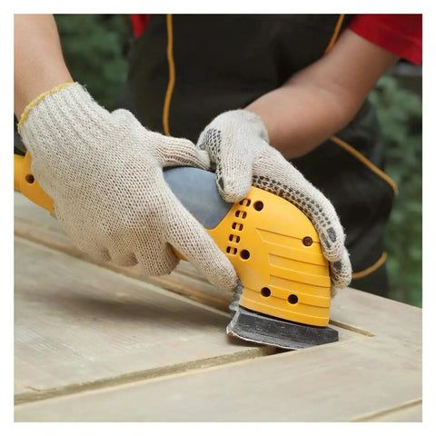 Person using a multi-tool with Triangular Hook Loop Sanding Discs for Wood Carving and Multi-Tool Use with Aluminum Oxide Grits from 40 to 240.