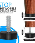 12 Pack Rubber M6 Leveling Feet For Furniture With Adjustable Threading and Secure Inserts Perfect Fit For Ikea Tables Plug And Play Setup Top Shelf Stability Fix For Wobbly Shelves, showing height adjustment options.