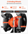 Two grinding wheels for High Octane 8 Inch Variable Speed Bench Grinder delivering 550 Watt power, 36 and 60 grit options.