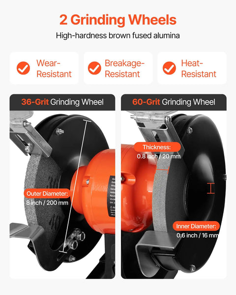 Two grinding wheels for High Octane 8 Inch Variable Speed Bench Grinder delivering 550 Watt power, 36 and 60 grit options.