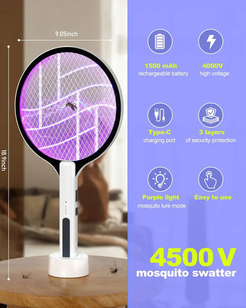 Dual Mode Electric Fly Swatter 4500V Bug Zapper Racket 2 In 1 Handheld Purple Light Mosquito Killer Rechargeable on stand