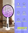 Powerful 4500V Fly Zapper Racket 2 In 1 Handheld Bug Zapper And Purple Mosquito Killer with Safety Net displayed upright on a table