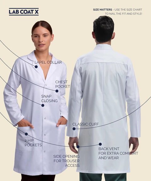 Unisex Pro Lab Coat With Snap Closure Full Length 40 Inch White Poly Cotton Go To Workwear Coat For Men And Women, front and back view