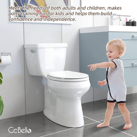 Family Friendly Toilet Seat With Built In Toddler Seat For Potty Training Magnetic Kids Seat Fits Adult And Child shown with toddler.