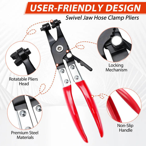 Red swivel jaw hose clamp pliers from Six-Piece Fuel Line Pliers Set For Hose Clamps And Fluid Lines with rotatable head and locking mechanism.