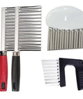 Set of 2 stainless steel crinkle cutters with red and black handles plus 2 multifunction vegetable cutters with black handle.