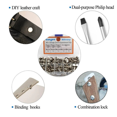 Rock Solid 120 Piece Chicago Binding Screw Kit, Assorted M5 Metal Rivets In Clean Silvery Finish, flat head screws for DIY leather craft and bookbinding.