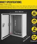 Tough As Nails NEMA 4x Steel Enclosure 20 X 12 X 10 Inches open view showing dimensions and details for electrical junction box.