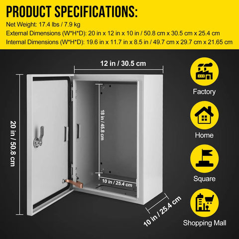 Tough As Nails NEMA 4x Steel Enclosure 20 X 12 X 10 Inches open view showing dimensions and details for electrical junction box.