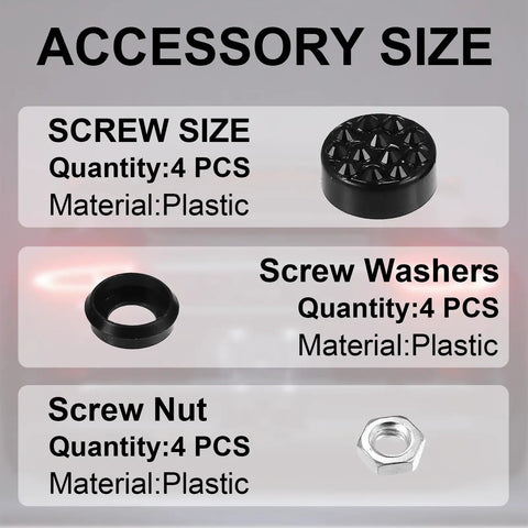 Accessory size details with screw caps, washers, and nuts for Anti Rattle Stainless Steel License Plate Screw Caps With Rhinestone Diamond Accents Black 4 Pack Rustproof Keeps Your Front And Rear Plates Secure And Quiet While Driving.