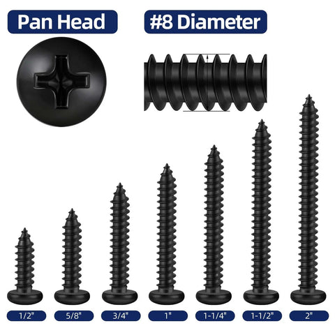 Tough As Nails Number 8 By One Half Pan Head Self Tapping Screws With Black Oxide Coating 304 Stainless Steel Fasteners, sizes ranging from 1/2" to 2".