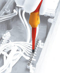 Beefy Insulated Slim Screwdriver Set, 11-Piece being used on circuit panel, ergonomic handle, individually tested to 10,000 volts AC