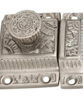Solid Brass Cabinet Latch With Classic Windsor Twist Design In Brushed Nickel Finish For Kitchen Closet And Cabinet Doors, Antique Style Handcrafted Hardware With Sturdy Build And Old School Charm.