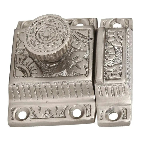 Solid Brass Cabinet Latch With Classic Windsor Twist Design In Brushed Nickel Finish For Kitchen Closet And Cabinet Doors, Antique Style Handcrafted Hardware With Sturdy Build And Old School Charm.