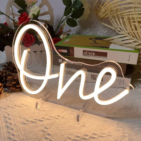 One Year Old Birthday Neon Sign LED Light for Party Vibes Table Decor USB Powered Flexible Silicone Neon With Acrylic Backplate Lamp